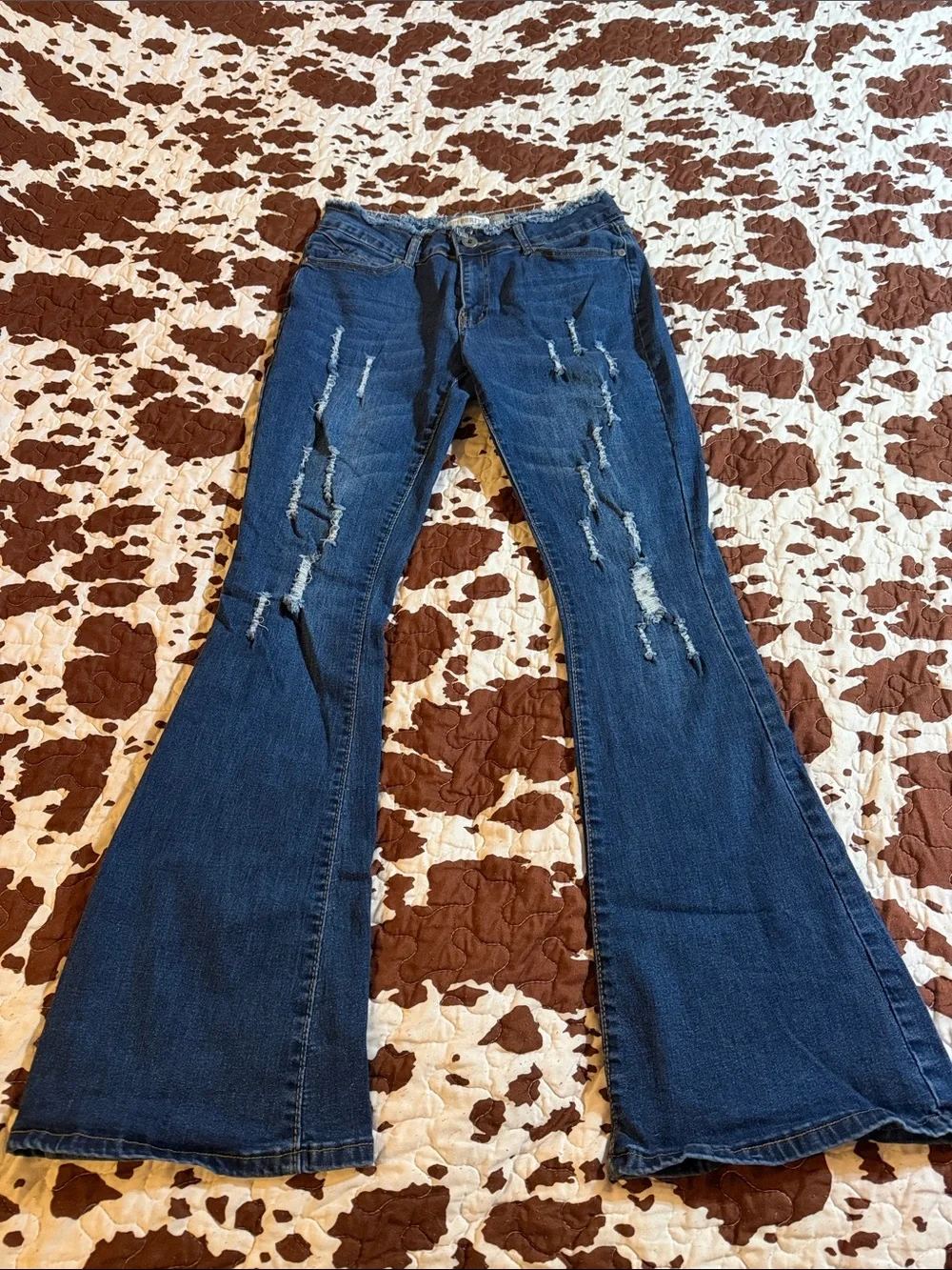 Women's Dark Blue Distressed Flare Jeans - High Rise Stretch